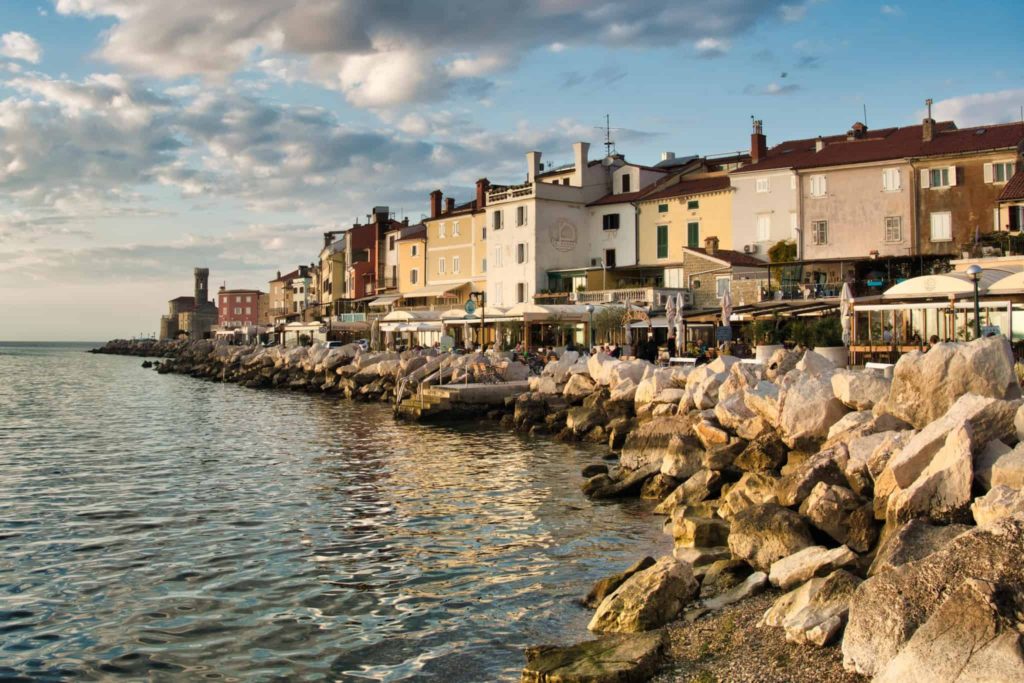 Houses Next to Water in the Beautiful Town of Piran on a Three-Week Road Trip Through the Balkans.