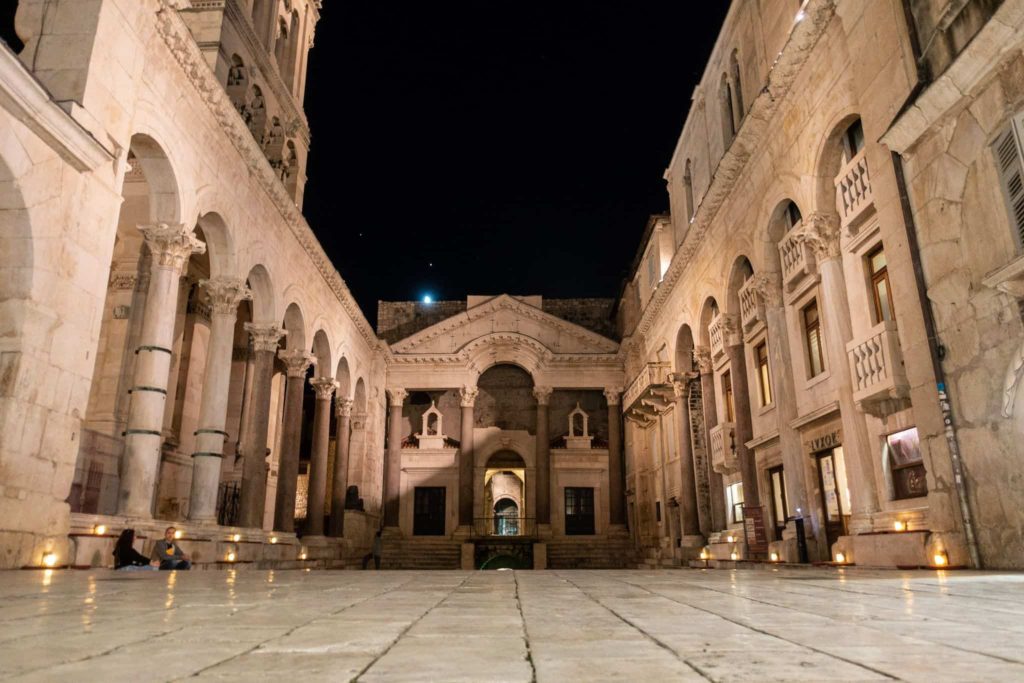 Split’s Ancient Palace Lit up at Night on a Three-Week Road Trip Through the Balkans.
