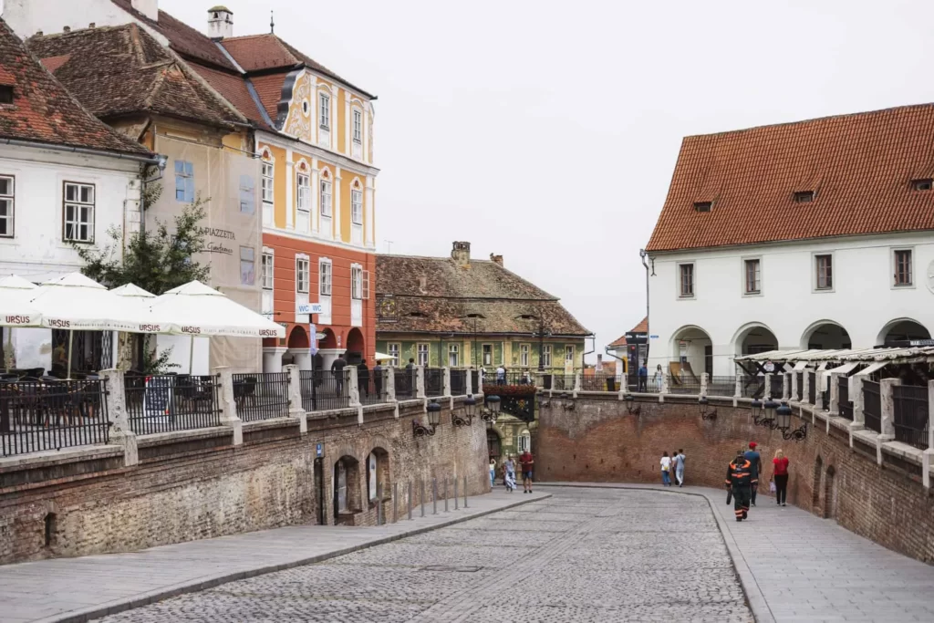 A Picturesque Scene of Sibiu’s Colorful Buildings and Historic Squares in Its Well-Preserved Medieval Old Town